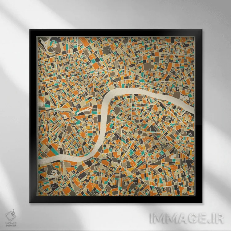 تابلو نقشه انتزاعی شهر لندن اثر جازبری بلو (هنرمند مدرن/برند هنری) - نمای قابدار مشکی
