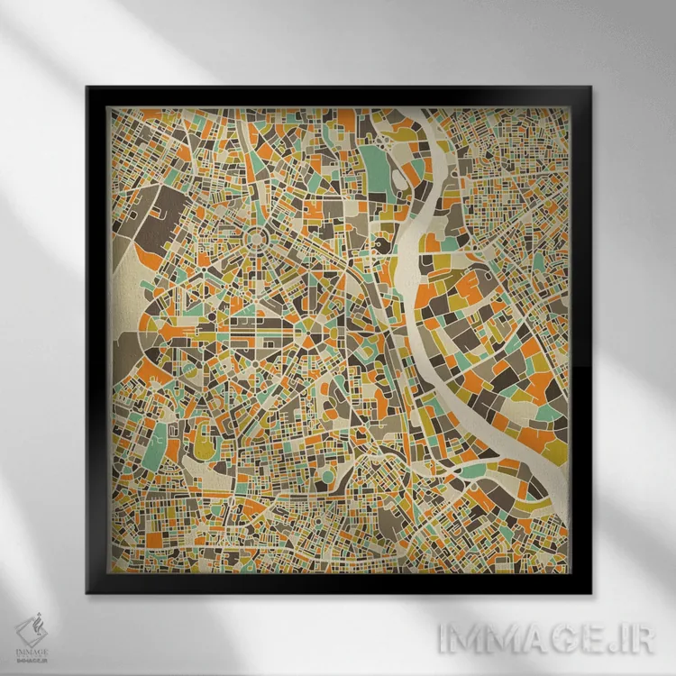 تابلو نقشه انتزاعی شهر دهلی نو اثر جازبری بلو (هنرمند مدرن/برند هنری) - نمای قابدار مشکی