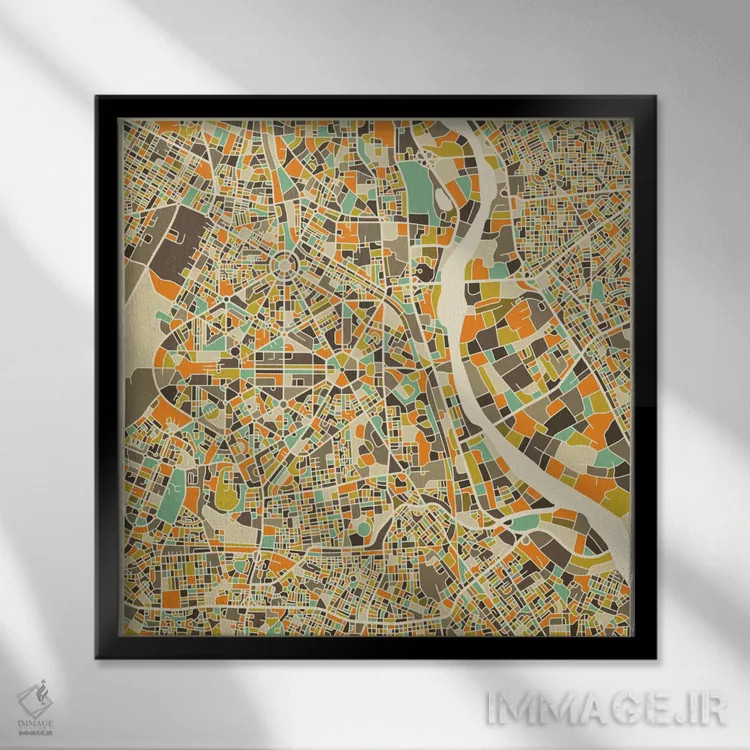 تابلو نقشه انتزاعی شهر دهلی نو اثر جازبری بلو (هنرمند مدرن/برند هنری) - نمای قابدار مشکی