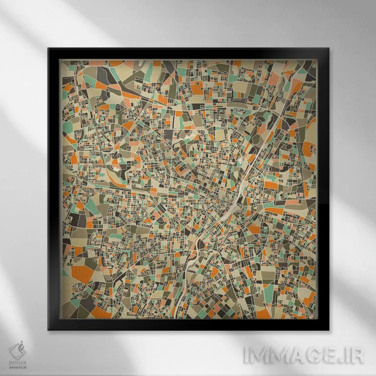 تابلو نقشه انتزاعی شهر مونیخ اثر جازبری بلو (هنرمند مدرن/برند هنری) - نمای قابدار مشکی