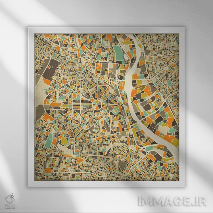 تابلو نقشه انتزاعی شهر دهلی نو اثر جازبری بلو (هنرمند مدرن/برند هنری) - نمای قابدار سفید