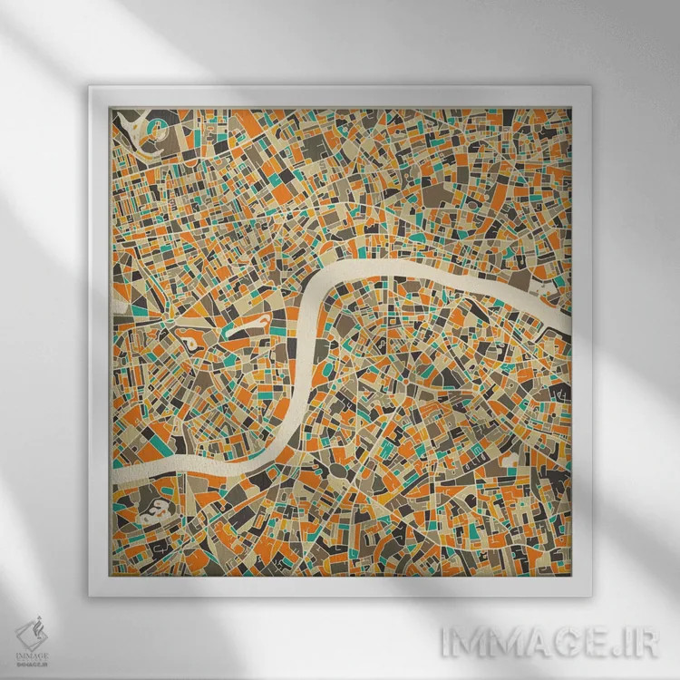 تابلو نقشه انتزاعی شهر لندن اثر جازبری بلو (هنرمند مدرن/برند هنری) - نمای قابدار سفید