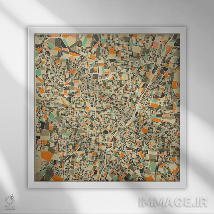 تابلو نقشه انتزاعی شهر مونیخ اثر جازبری بلو (هنرمند مدرن/برند هنری) - نمای قابدار سفید