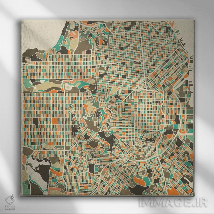 تابلو نقشه انتزاعی شهر سانفرانسیسکو اثر جازبری بلو (هنرمند مدرن/برند هنری) - نمای روبهرو روی دیوار