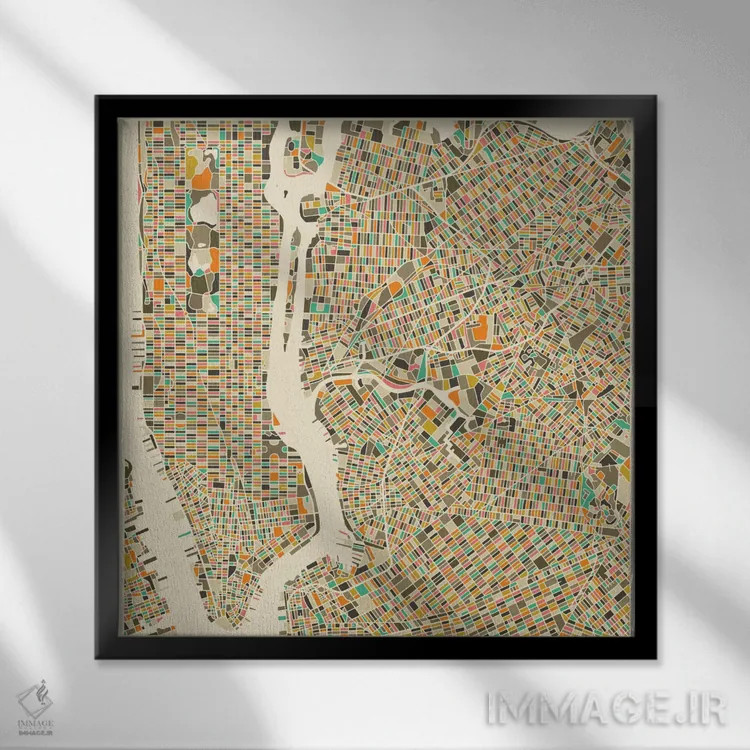 تابلو نقشه انتزاعی شهر نیویورک اثر جازبری بلو (هنرمند مدرن/برند هنری) - نمای قابدار مشکی