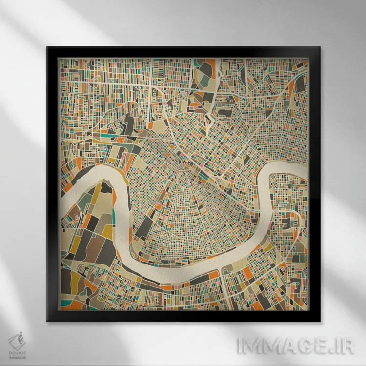 تابلو نقشه انتزاعی شهر نیواورلئان اثر جازبری بلو (هنرمند مدرن/برند هنری) - نمای قابدار مشکی