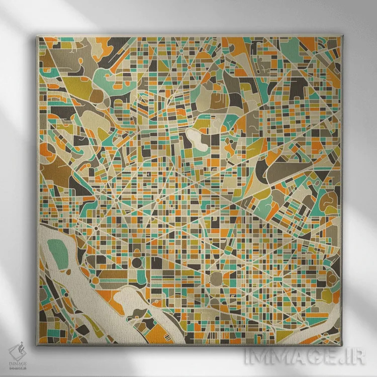 تابلو نقشه انتزاعی شهر واشینگتن اثر جازبری بلو (هنرمند مدرن/برند هنری) - نمای روبهرو روی دیوار