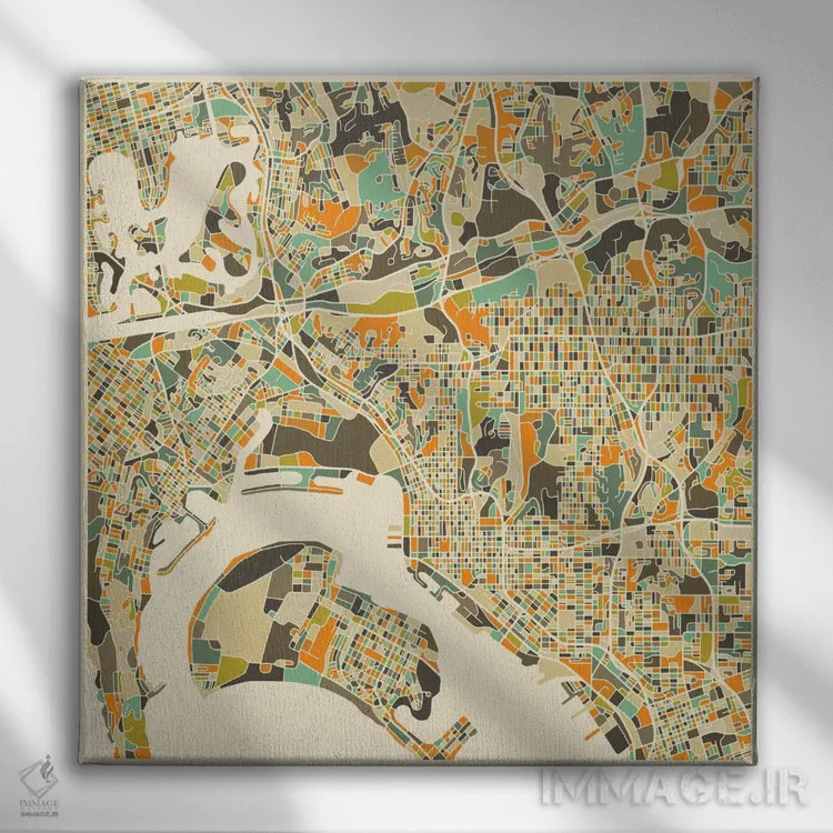 تابلو نقشه انتزاعی شهر سن دیگو اثر جازبری بلو (هنرمند مدرن/برند هنری) - نمای روبهرو روی دیوار
