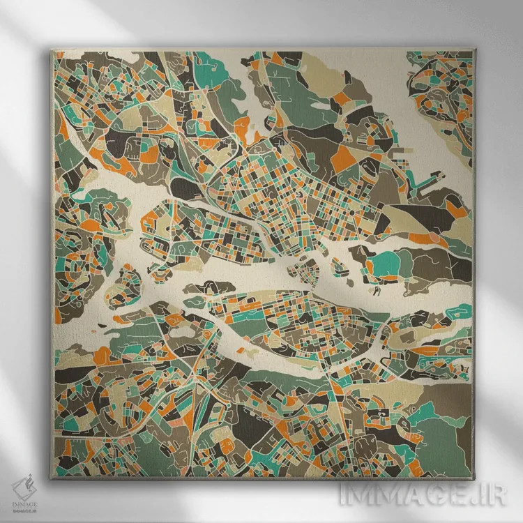 تابلو نقشه انتزاعی شهر استکهلم اثر جازبری بلو (هنرمند مدرن/برند هنری) - نمای روبهرو روی دیوار