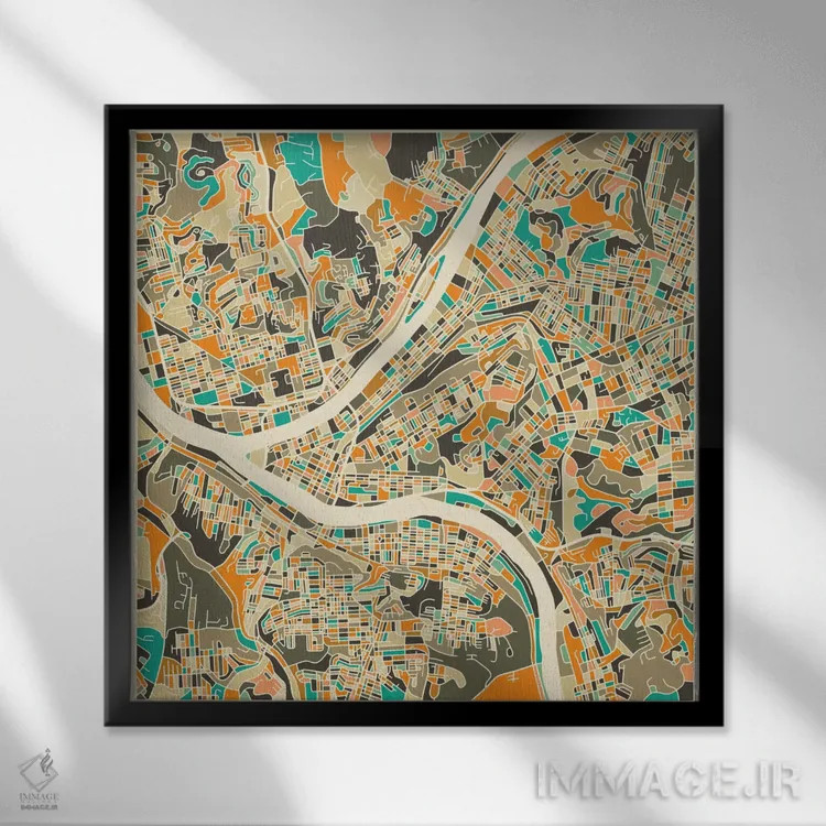 تابلو نقشه انتزاعی شهر پیتسبورگ اثر جازبری بلو (هنرمند مدرن/برند هنری) - نمای قابدار مشکی