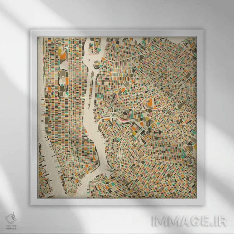 تابلو نقشه انتزاعی شهر نیویورک اثر جازبری بلو (هنرمند مدرن/برند هنری) - نمای قابدار سفید