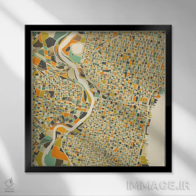 تابلو نقشه انتزاعی شهر فیلادلفیا اثر جازبری بلو (هنرمند مدرن/برند هنری) - نمای قابدار مشکی