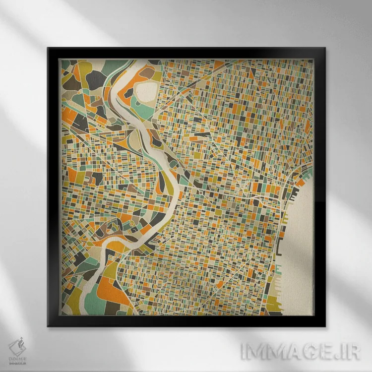 تابلو نقشه انتزاعی شهر فیلادلفیا اثر جازبری بلو (هنرمند مدرن/برند هنری) - نمای قابدار مشکی