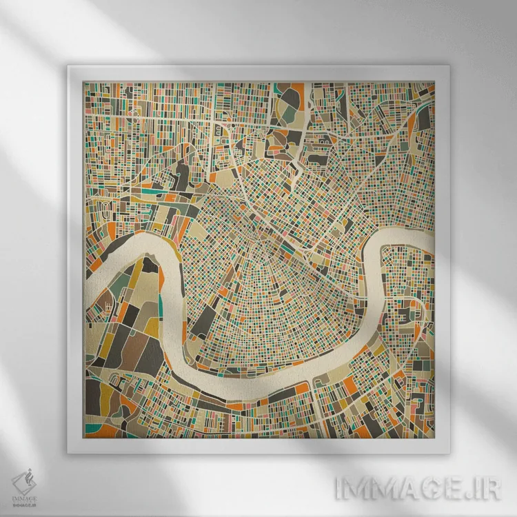 تابلو نقشه انتزاعی شهر نیواورلئان اثر جازبری بلو (هنرمند مدرن/برند هنری) - نمای قابدار سفید