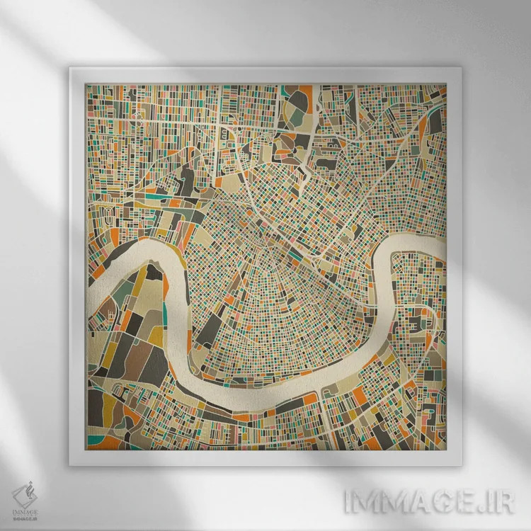 تابلو نقشه انتزاعی شهر نیواورلئان اثر جازبری بلو (هنرمند مدرن/برند هنری) - نمای قابدار سفید