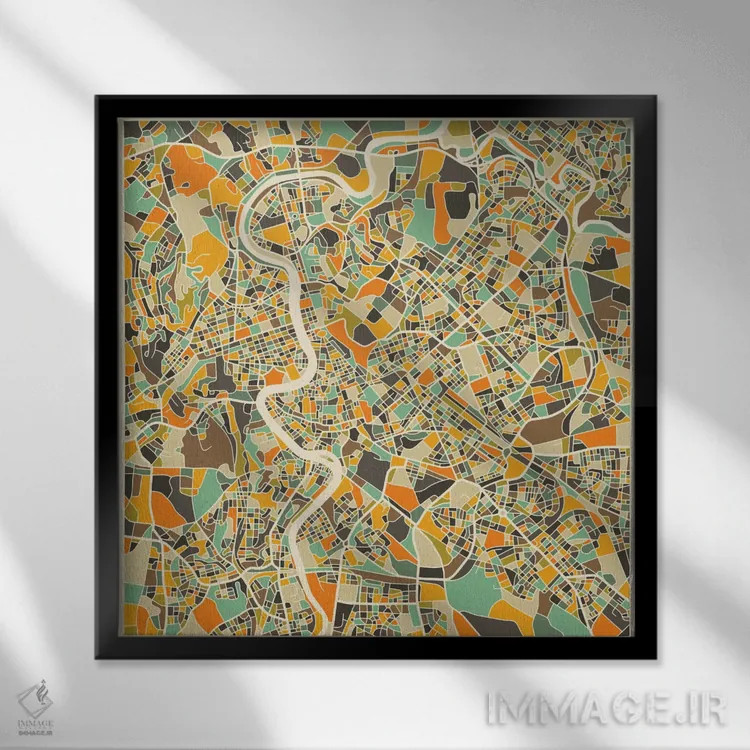 تابلو نقشه انتزاعی شهر رم اثر جازبری بلو (هنرمند مدرن/برند هنری) - نمای قابدار مشکی