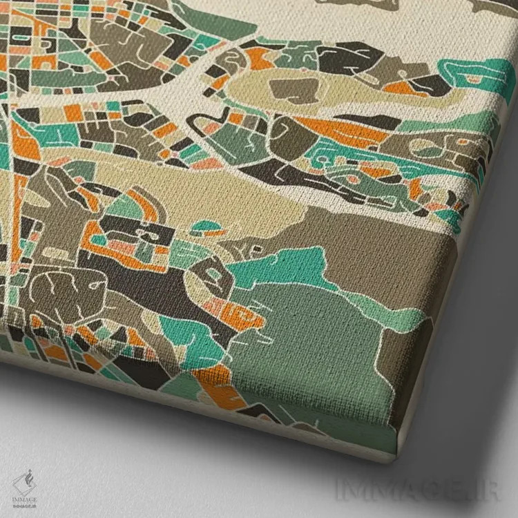 تابلو نقشه انتزاعی شهر استکهلم اثر جازبری بلو (هنرمند مدرن/برند هنری) - نمای نزدیک بافت بوم