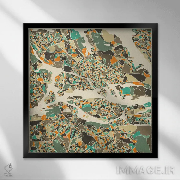 تابلو نقشه انتزاعی شهر استکهلم اثر جازبری بلو (هنرمند مدرن/برند هنری) - نمای قابدار مشکی