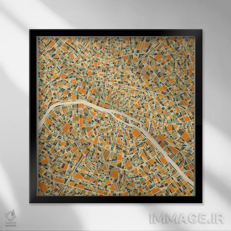 تابلو نقشه انتزاعی شهر پاریس اثر جازبری بلو (هنرمند مدرن/برند هنری) - نمای قابدار مشکی