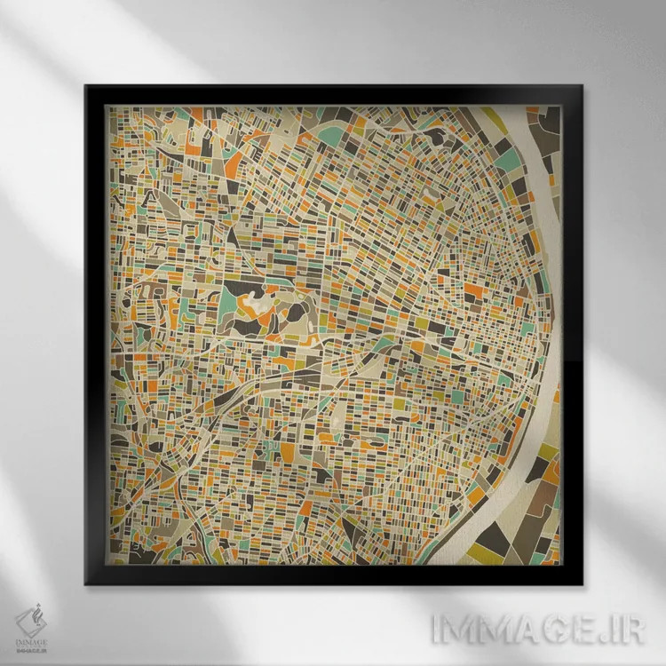 تابلو نقشه انتزاعی شهر سنت لوئیس اثر جازبری بلو (هنرمند مدرن/برند هنری) - نمای قابدار مشکی