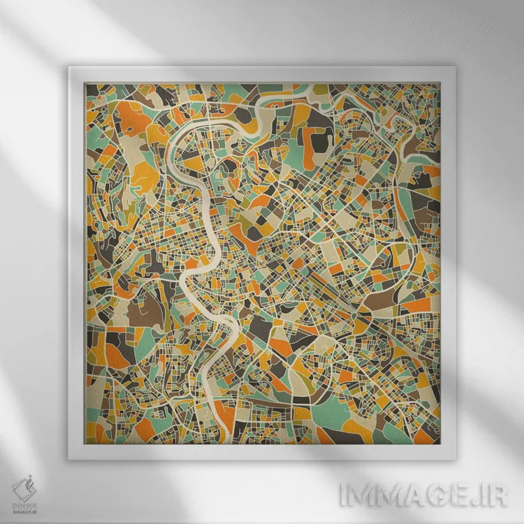 تابلو نقشه انتزاعی شهر رم اثر جازبری بلو (هنرمند مدرن/برند هنری) - نمای قابدار سفید