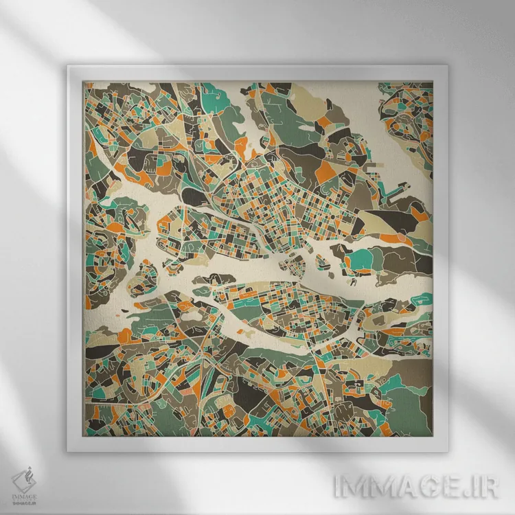 تابلو نقشه انتزاعی شهر استکهلم اثر جازبری بلو (هنرمند مدرن/برند هنری) - نمای قابدار سفید