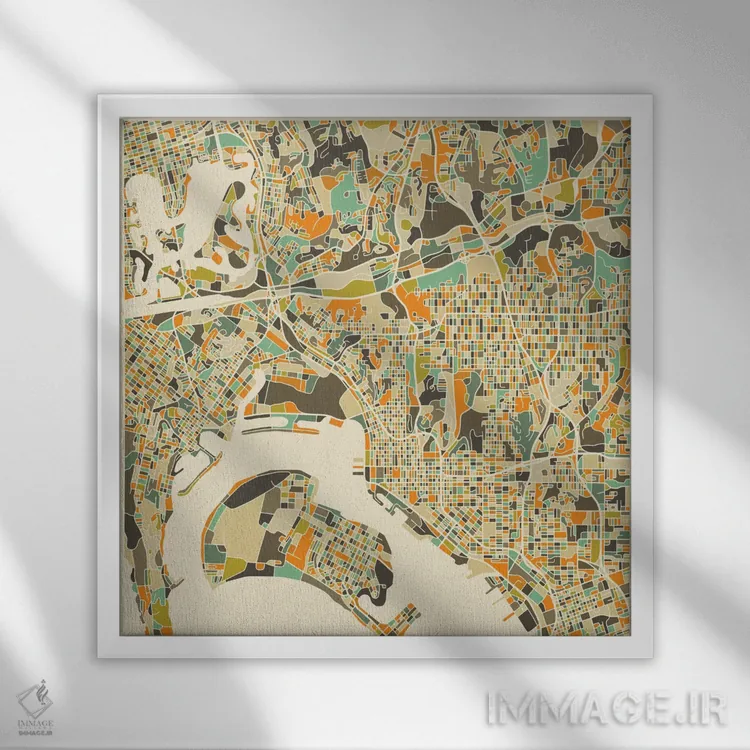 تابلو نقشه انتزاعی شهر سن دیگو اثر جازبری بلو (هنرمند مدرن/برند هنری) - نمای قابدار سفید