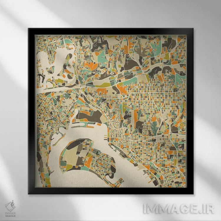 تابلو نقشه انتزاعی شهر سن دیگو اثر جازبری بلو (هنرمند مدرن/برند هنری) - نمای قابدار مشکی