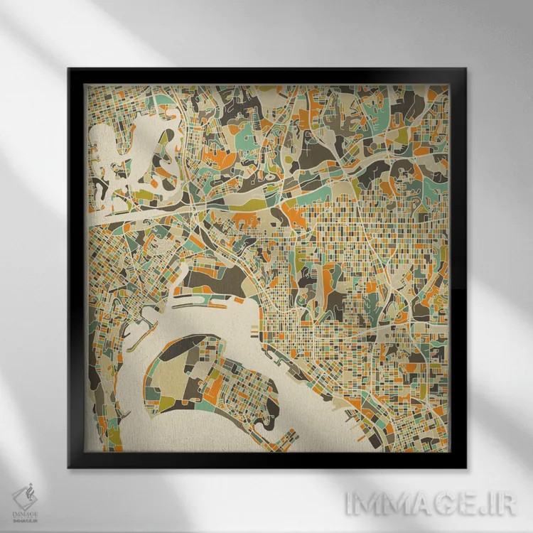 تابلو نقشه انتزاعی شهر سن دیگو اثر جازبری بلو (هنرمند مدرن/برند هنری) - نمای قابدار مشکی