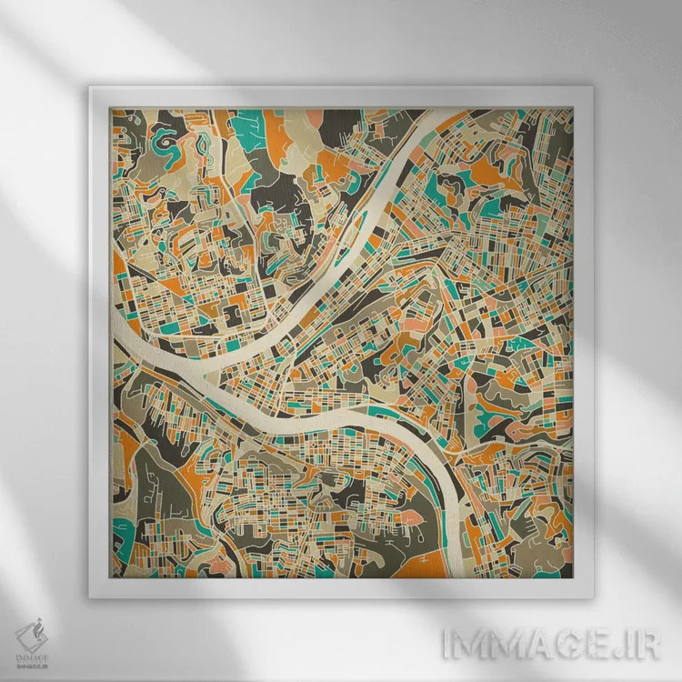 تابلو نقشه انتزاعی شهر پیتسبورگ اثر جازبری بلو (هنرمند مدرن/برند هنری) - نمای قابدار سفید