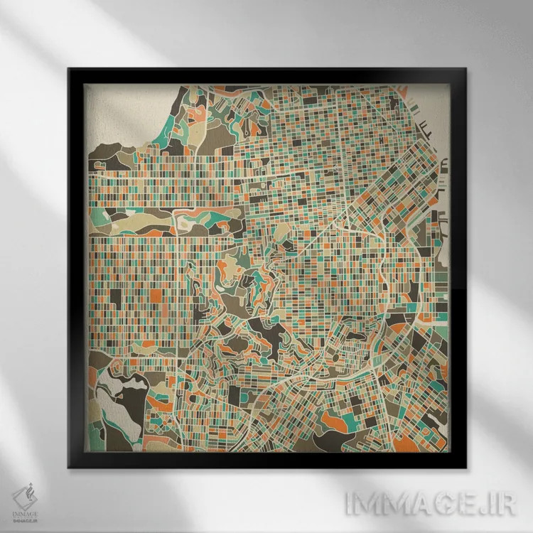 تابلو نقشه انتزاعی شهر سانفرانسیسکو اثر جازبری بلو (هنرمند مدرن/برند هنری) - نمای قابدار مشکی