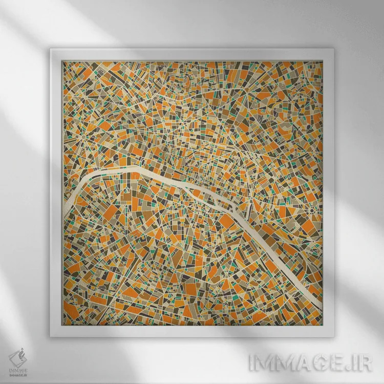 تابلو نقشه انتزاعی شهر پاریس اثر جازبری بلو (هنرمند مدرن/برند هنری) - نمای قابدار سفید
