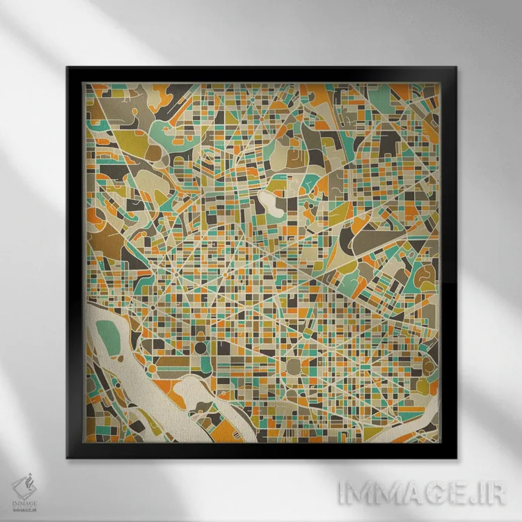تابلو نقشه انتزاعی شهر واشینگتن اثر جازبری بلو (هنرمند مدرن/برند هنری) - نمای قابدار مشکی