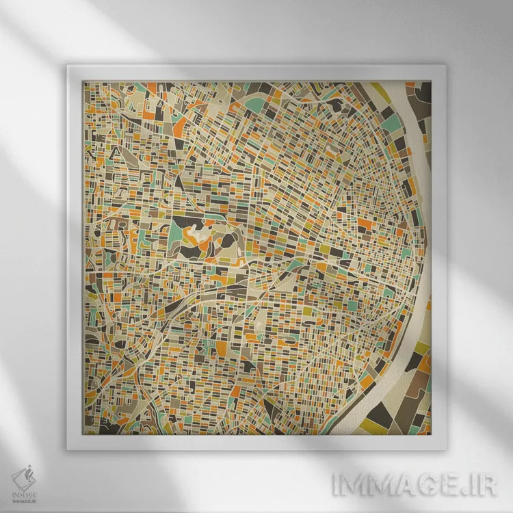 تابلو نقشه انتزاعی شهر سنت لوئیس اثر جازبری بلو (هنرمند مدرن/برند هنری) - نمای قابدار سفید