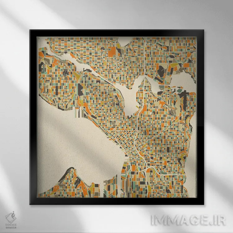 تابلو نقشه انتزاعی شهر سیاتل اثر جازبری بلو (هنرمند مدرن/برند هنری) - نمای قابدار مشکی