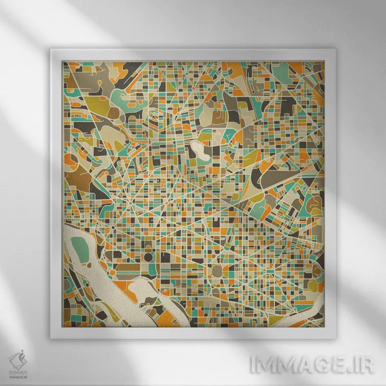 تابلو نقشه انتزاعی شهر واشینگتن اثر جازبری بلو (هنرمند مدرن/برند هنری) - نمای قابدار سفید