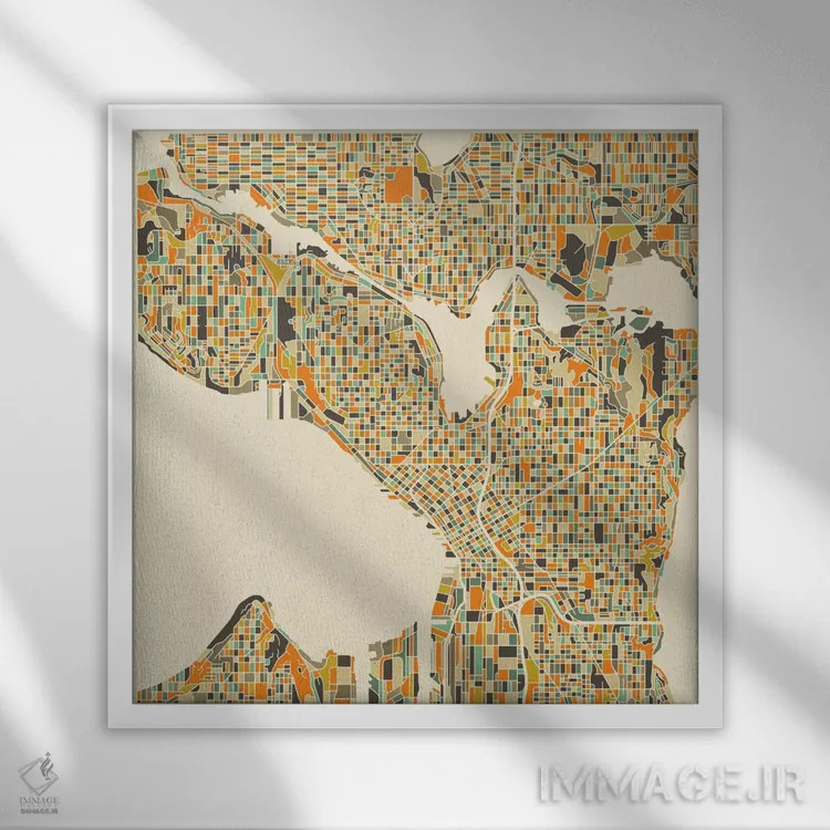 تابلو نقشه انتزاعی شهر سیاتل اثر جازبری بلو (هنرمند مدرن/برند هنری) - نمای قابدار سفید
