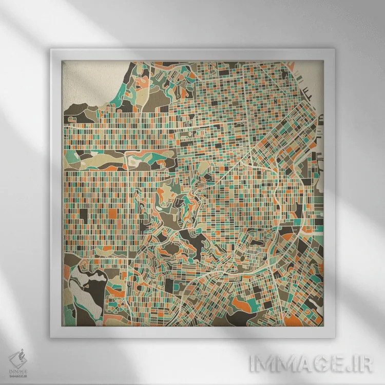 تابلو نقشه انتزاعی شهر سانفرانسیسکو اثر جازبری بلو (هنرمند مدرن/برند هنری) - نمای قابدار سفید