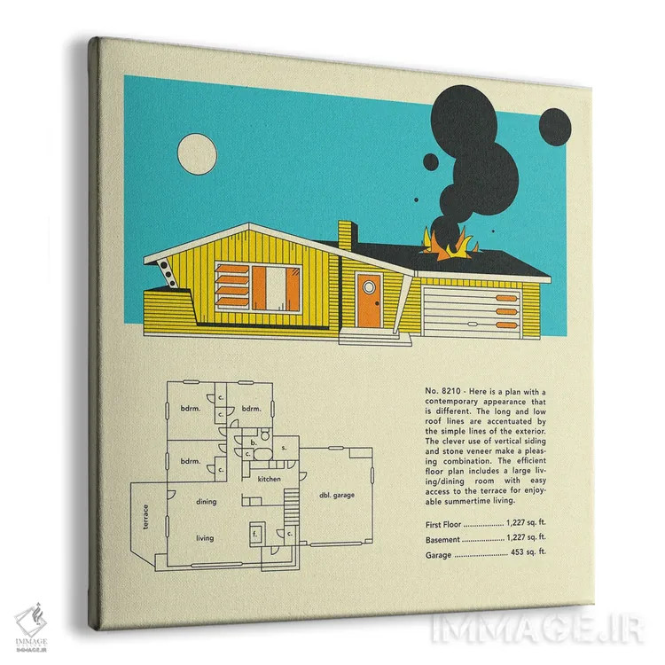 تابلو طراحی منزل میانقرنی اثر جازبری بلو (هنرمند مدرن/برند هنری) - نمای پرسپکتیو محصول