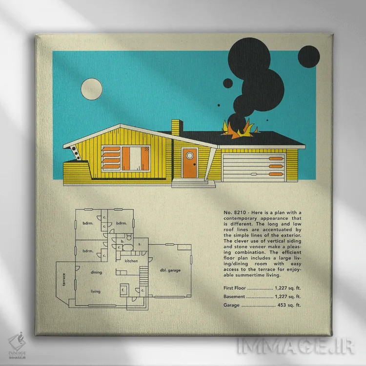 تابلو طراحی منزل میانقرنی اثر جازبری بلو (هنرمند مدرن/برند هنری) - نمای روبهرو روی دیوار