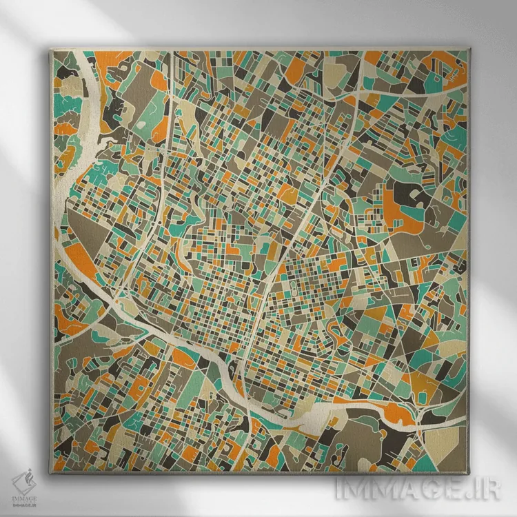 تابلو نقشه انتزاعی شهر آستین اثر جازبری بلو (هنرمند مدرن/برند هنری) - نمای روبهرو روی دیوار