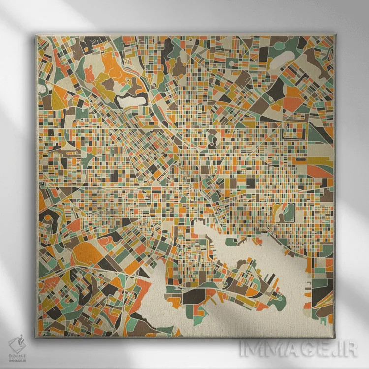 تابلو نقشه انتزاعی شهر بالتیمور اثر جازبری بلو (هنرمند مدرن/برند هنری) - نمای روبهرو روی دیوار