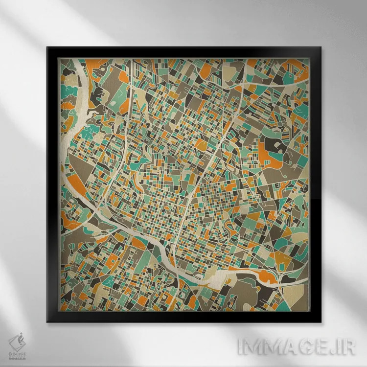 تابلو نقشه انتزاعی شهر آستین اثر جازبری بلو (هنرمند مدرن/برند هنری) - نمای قابدار مشکی