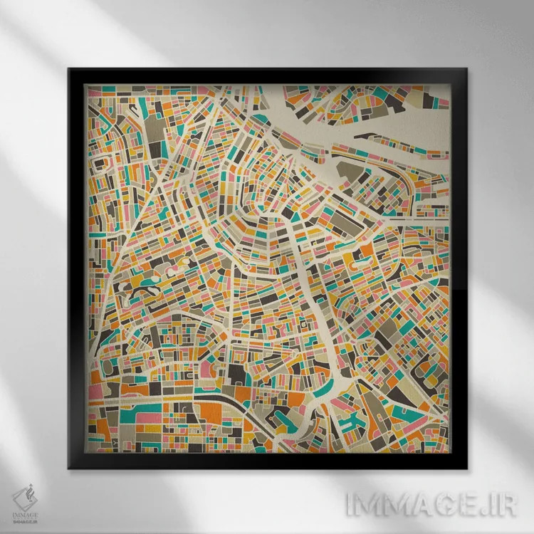 تابلو نقشه انتزاعی شهر آمستردام اثر جازبری بلو (هنرمند مدرن/برند هنری) - نمای قابدار مشکی