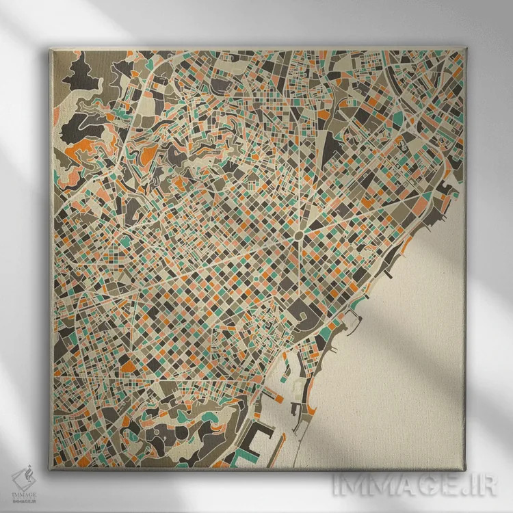 تابلو نقشه انتزاعی شهر بارسلونا اثر جازبری بلو (هنرمند مدرن/برند هنری) - نمای روبهرو روی دیوار