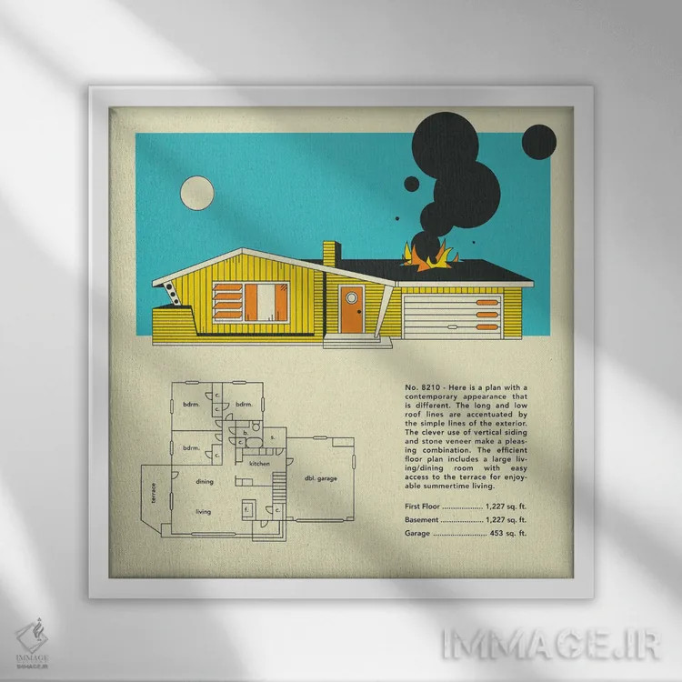 تابلو طراحی منزل میانقرنی اثر جازبری بلو (هنرمند مدرن/برند هنری) - نمای قابدار سفید