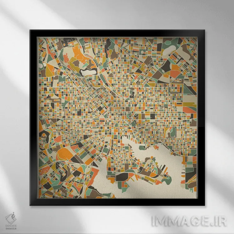 تابلو نقشه انتزاعی شهر بالتیمور اثر جازبری بلو (هنرمند مدرن/برند هنری) - نمای قابدار مشکی