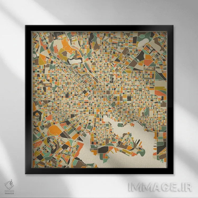 تابلو نقشه انتزاعی شهر بالتیمور اثر جازبری بلو (هنرمند مدرن/برند هنری) - نمای قابدار مشکی