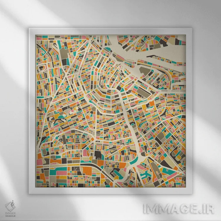 تابلو نقشه انتزاعی شهر آمستردام اثر جازبری بلو (هنرمند مدرن/برند هنری) - نمای قابدار سفید
