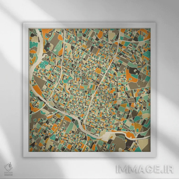 تابلو نقشه انتزاعی شهر آستین اثر جازبری بلو (هنرمند مدرن/برند هنری) - نمای قابدار سفید
